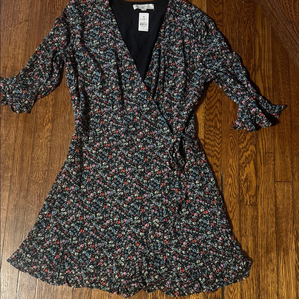 LOFT Black Floral Wrap Romper with Pink and Green Accents